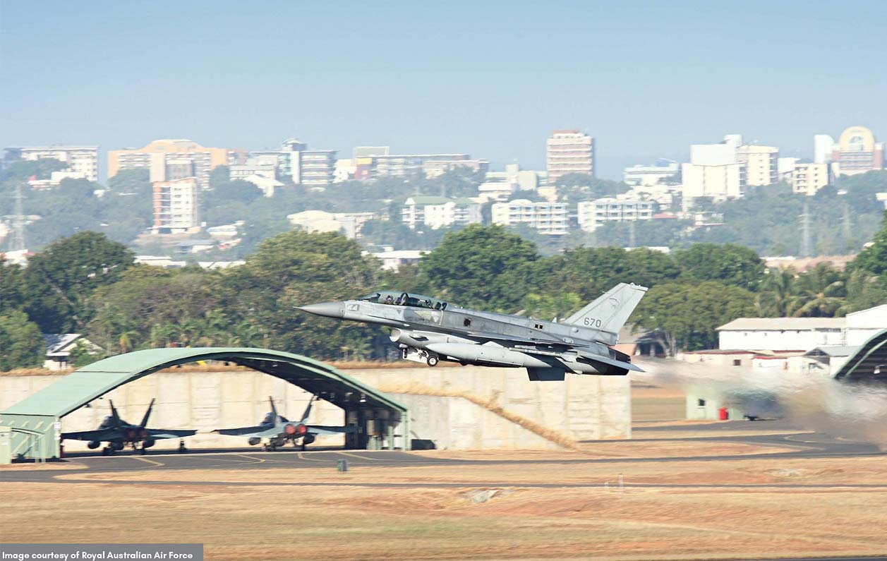 An RAAF jet takes off from the base in Darwin