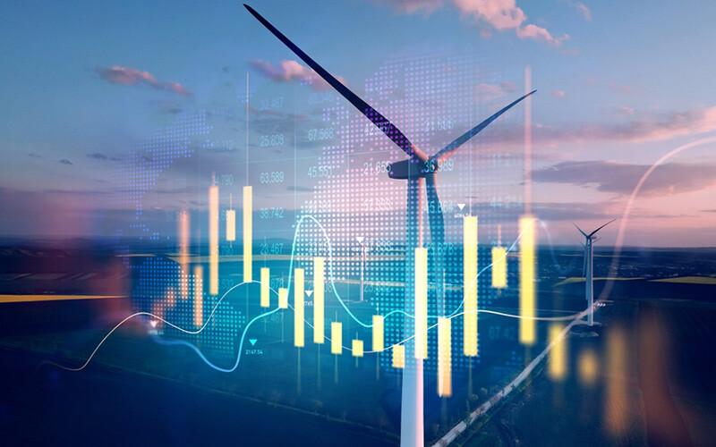 Energy sector wind turbine with data set overlay
